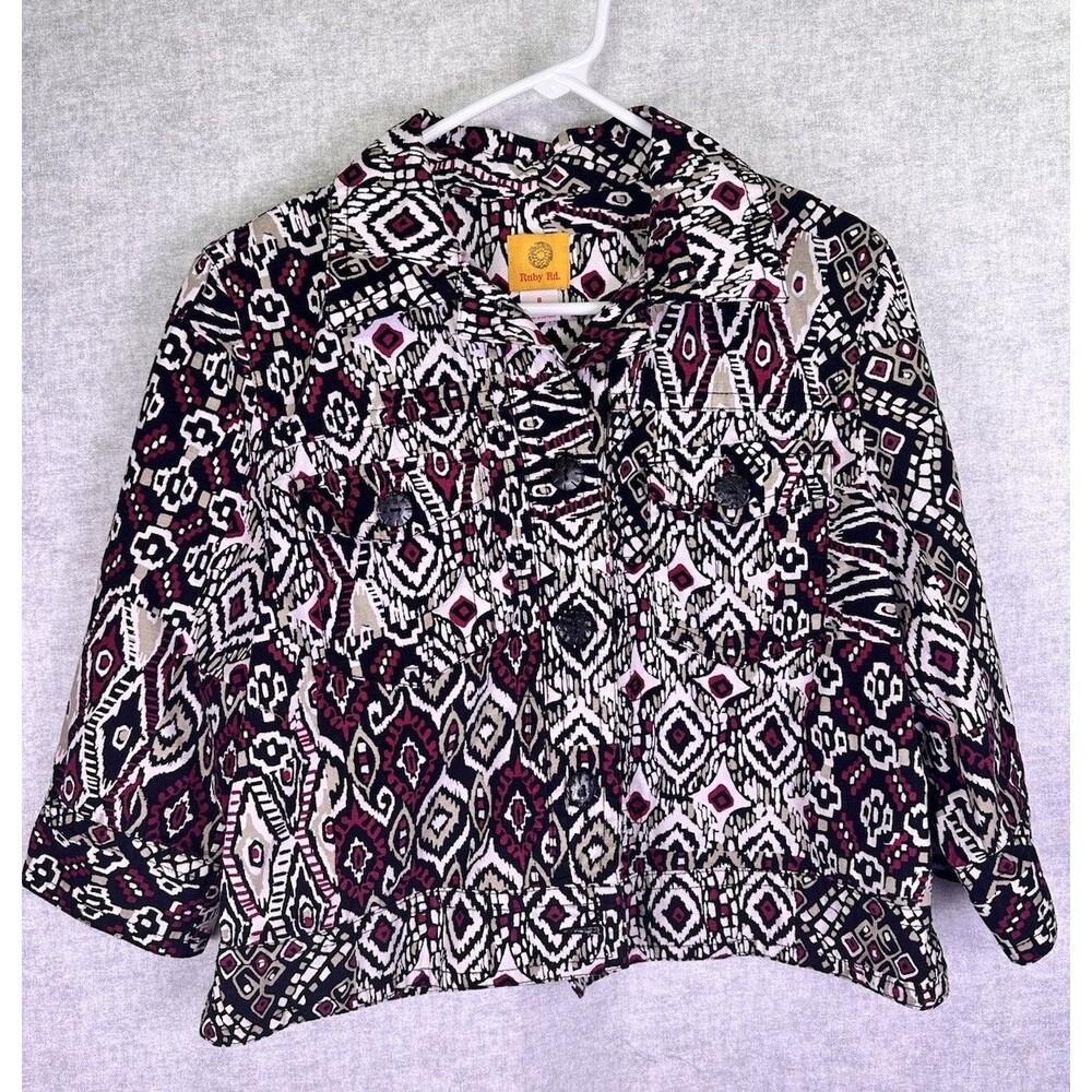 Ruby Rd. Women’s Size 8 Button Up Collared Cropped Button Up Jacket Black Maroon
